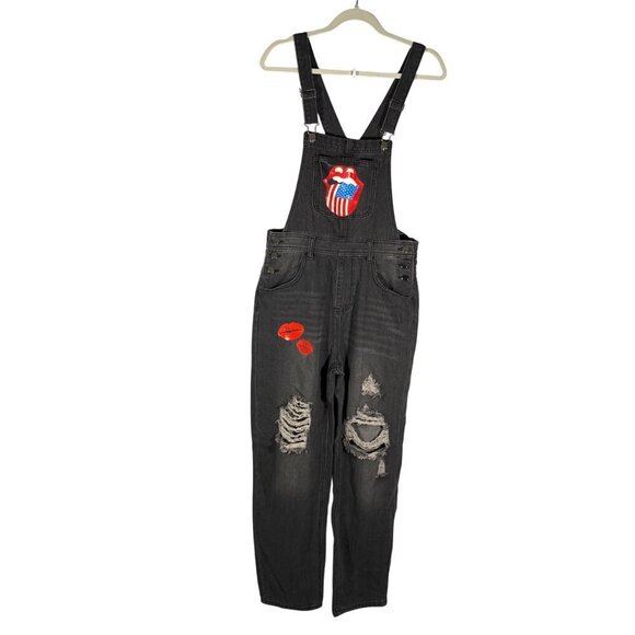 Rolling Stones Graphic Distressed Black Denim Overalls grunge rock band retro - Picture 1 of 10